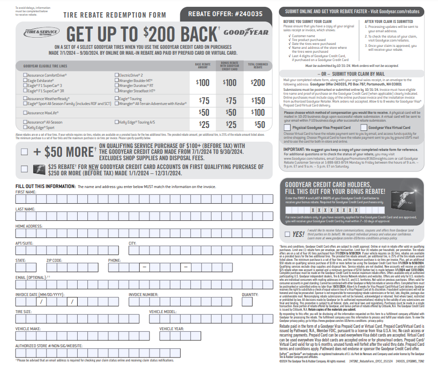 Rebate Form For Goodyear Tires